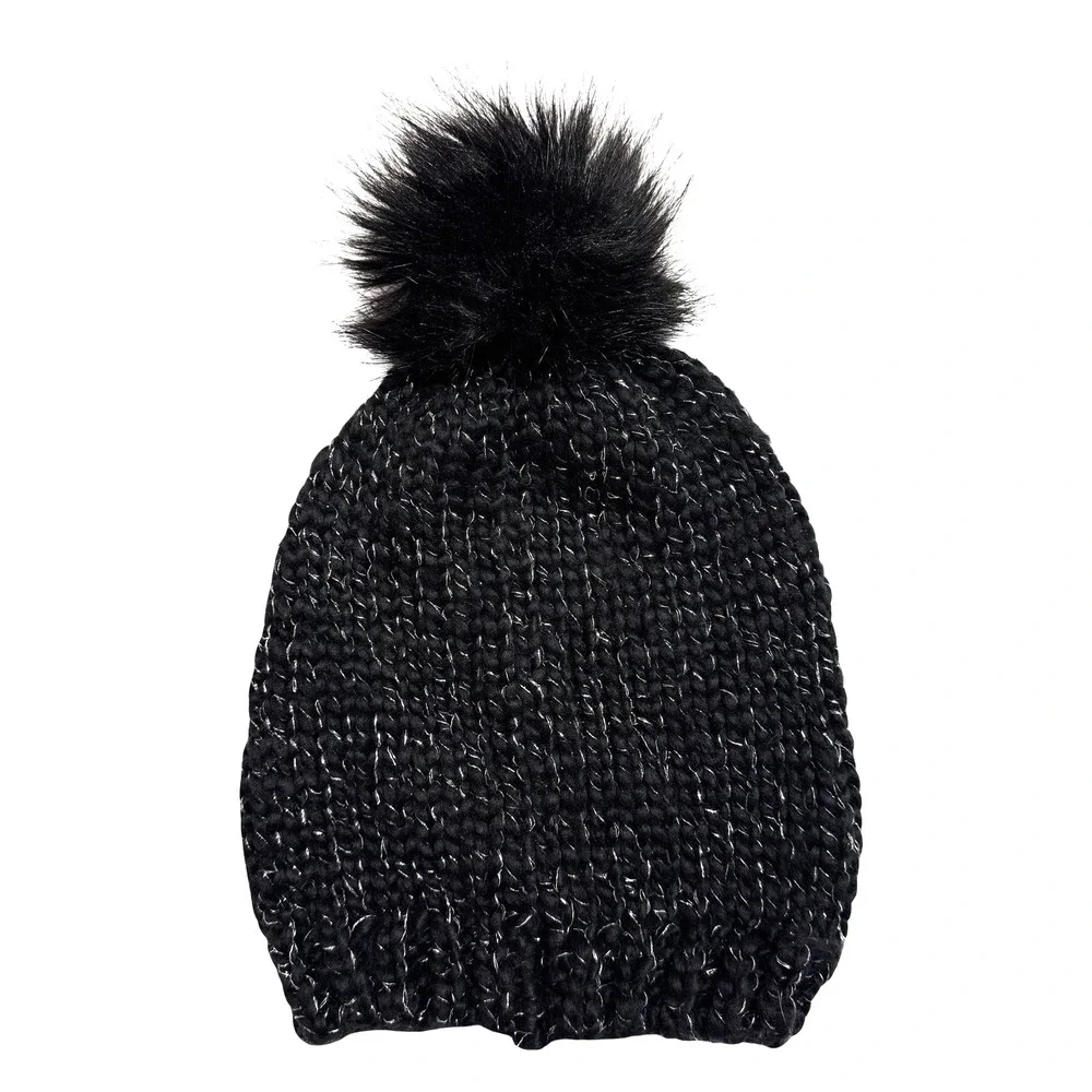 Chunky Black Knit Beanie Hat Womens One Sz Faux Fur Pom Pom Winter Warm Gorpcore